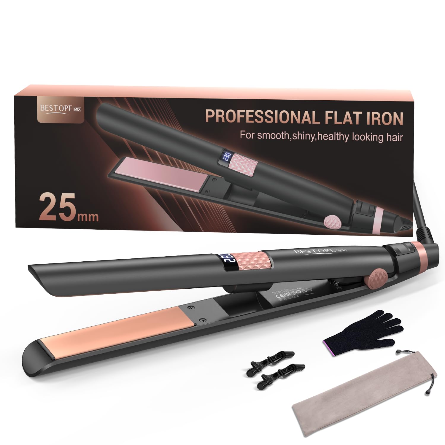 BESTOPE MIX Glätteisen 25MM – 2 in 1 Haarglätter und Lockenstab mit Keramikbeschichtung, LCD-Display, schnelles Aufheize