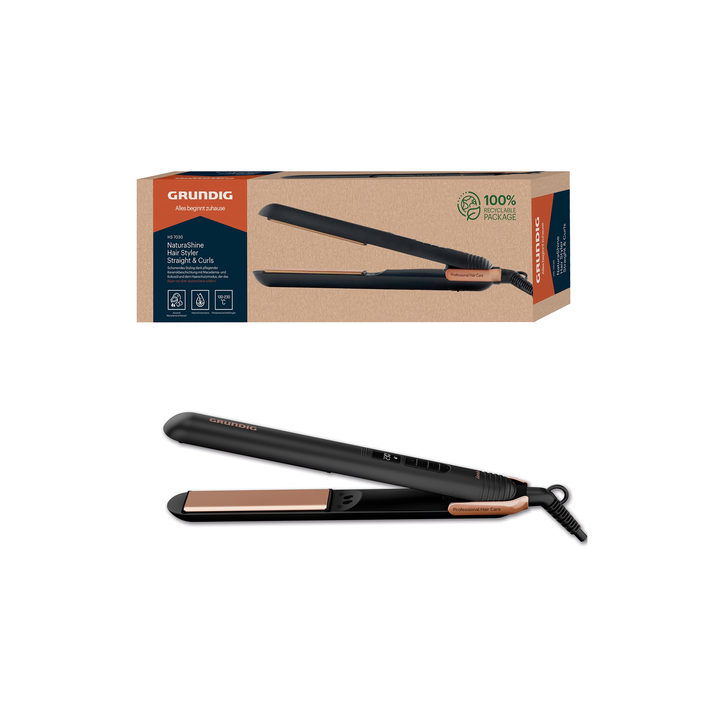 GRUNDIG Naturashine HS 7030 Haarglätter – 6 Stufen Temperaturanpassung von 130 °C bis 230 °C, Ionic-Funktion, bewegliche
